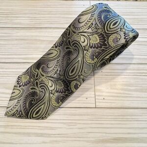 Bergamo New York Tie Mens Paisley Black Gold‎ Silver Formal Necktie Handmade